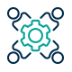 Symbol eines Zahnrads, umgeben von mehreren Personen, das Vernetzung und Zusammenarbeit symbolisiert.